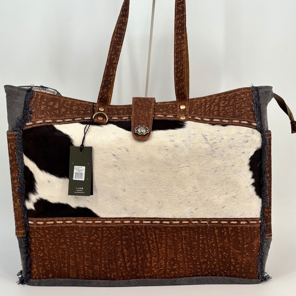 Myra Asher Weekender Bag Women Large Brown Cowhide Leather Canvas‎ S-6780 NEW